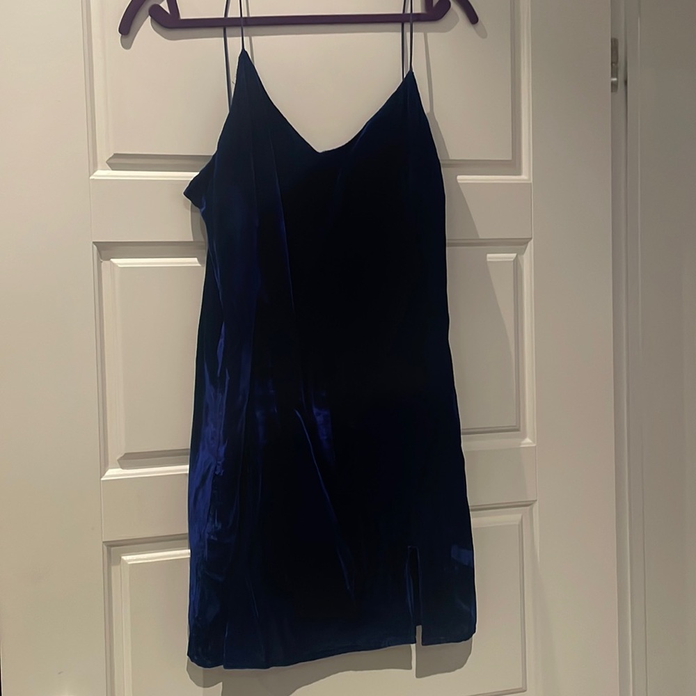 Blue velvet, evening cocktail dress with tassels